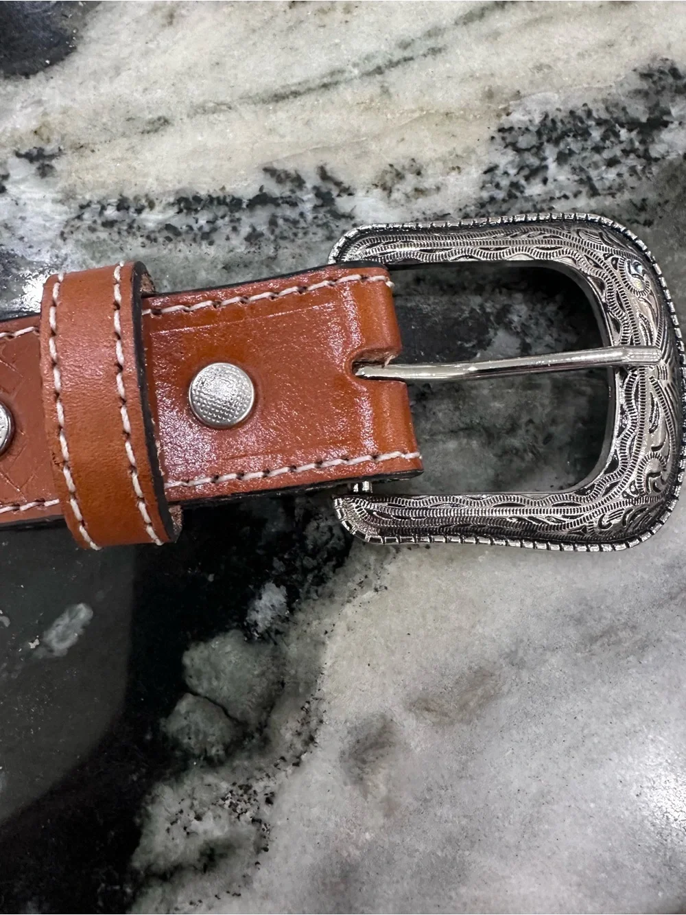 Tooled Brown Belt with Engraved Silver Buckle